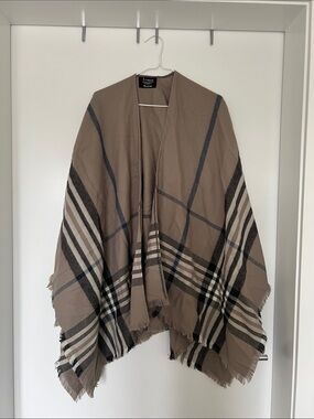 Tan Plaid Fringe Poncho Jacket - Women